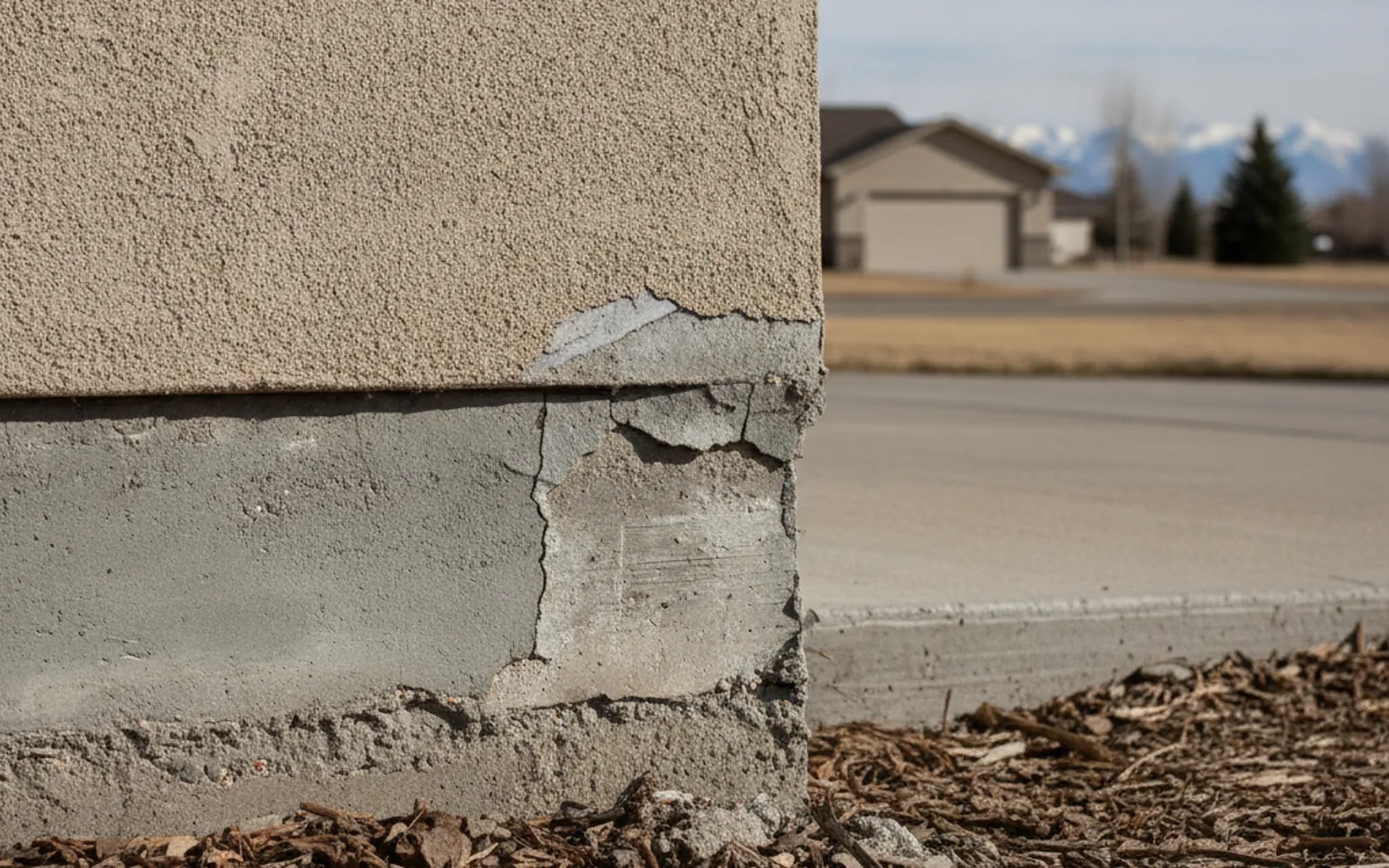 Cracked parging along the base of a house wall