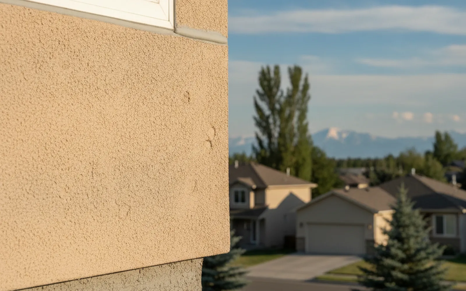 Stained and bulging stucco near the base of a wall